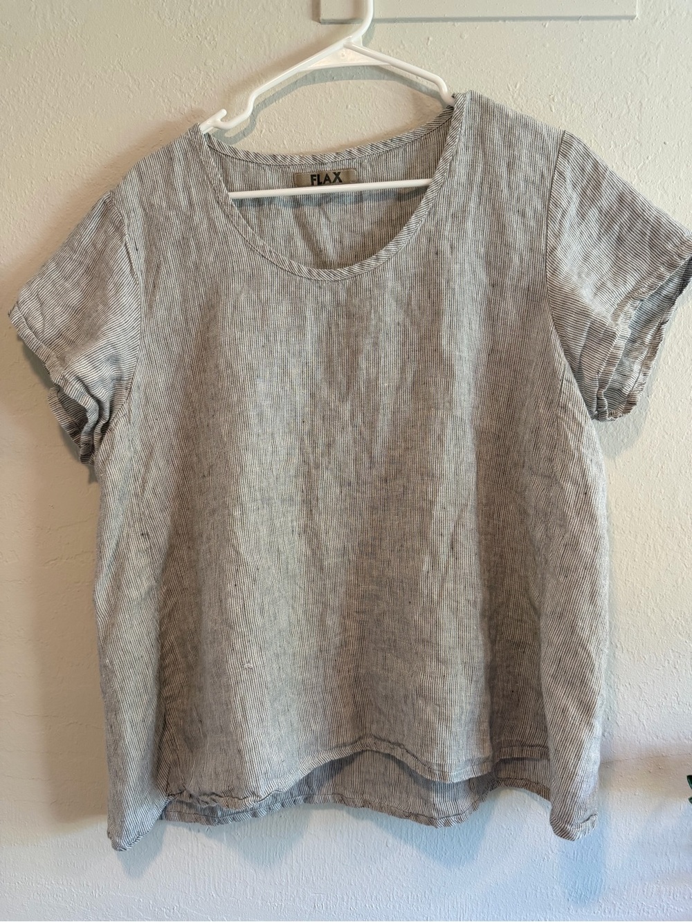 FLAX Women's Short Sleeve Linen Top in Light Gray Stripe